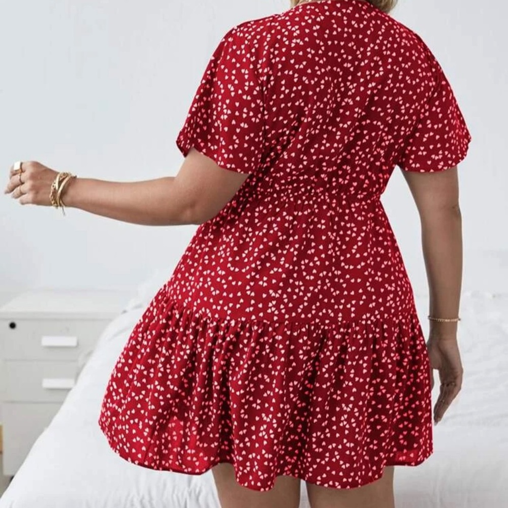 Boho ruffle frill short sleeve heart print v neck dress light blue - Picture 11 of 11